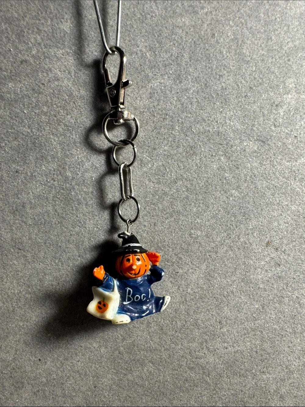Hand Crafted Orange Pumpkin Witch Keychain Charm with Blue Outfit